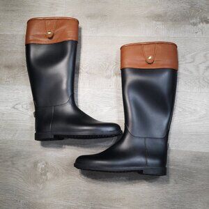 Dirty Laundry Ladies Size 9 / 40 Black & Tan Rubber Boots w/ Faux Leather Trim
